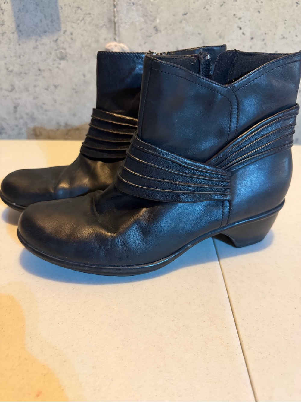 Clarks Black Leather Ankle Booties with Wrapped Strap Detail